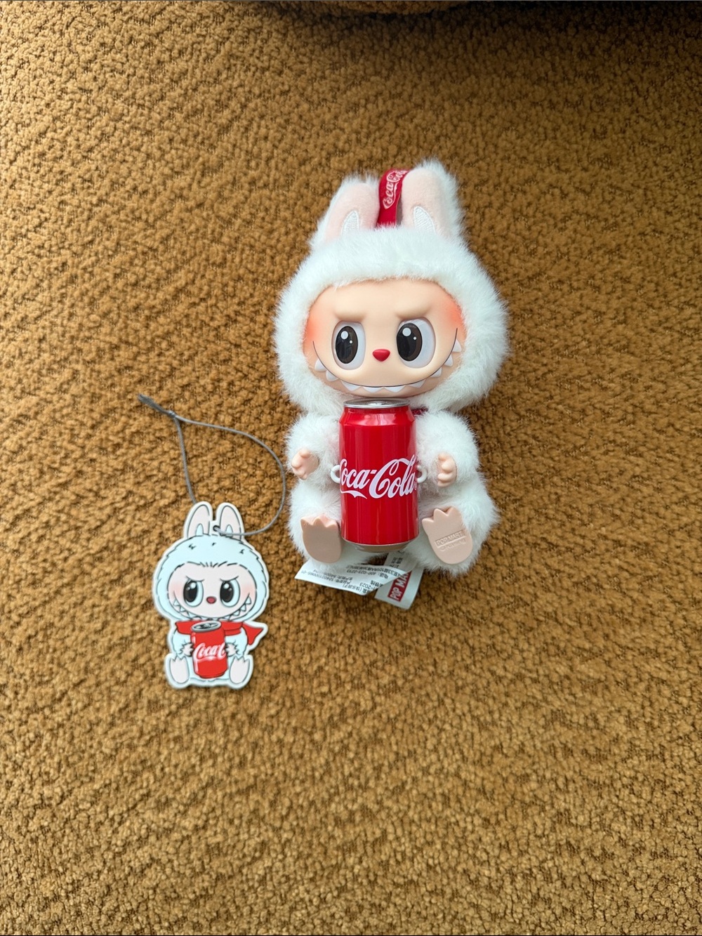 Coca-Cola White Labubu Keychain with Red Can